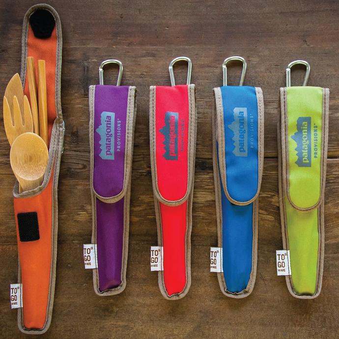 A Row of Custom To-Go Ware Bamboo Utensil Sets with Patagonia Provisions written on it.